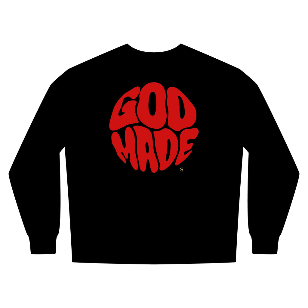 God Made Crewneck Sweatshirt — Retro Red Logo Christian Streetwear