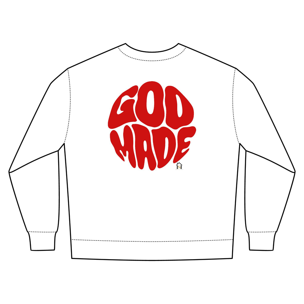 God Made Crewneck Sweatshirt — Retro Red Logo Christian Streetwear