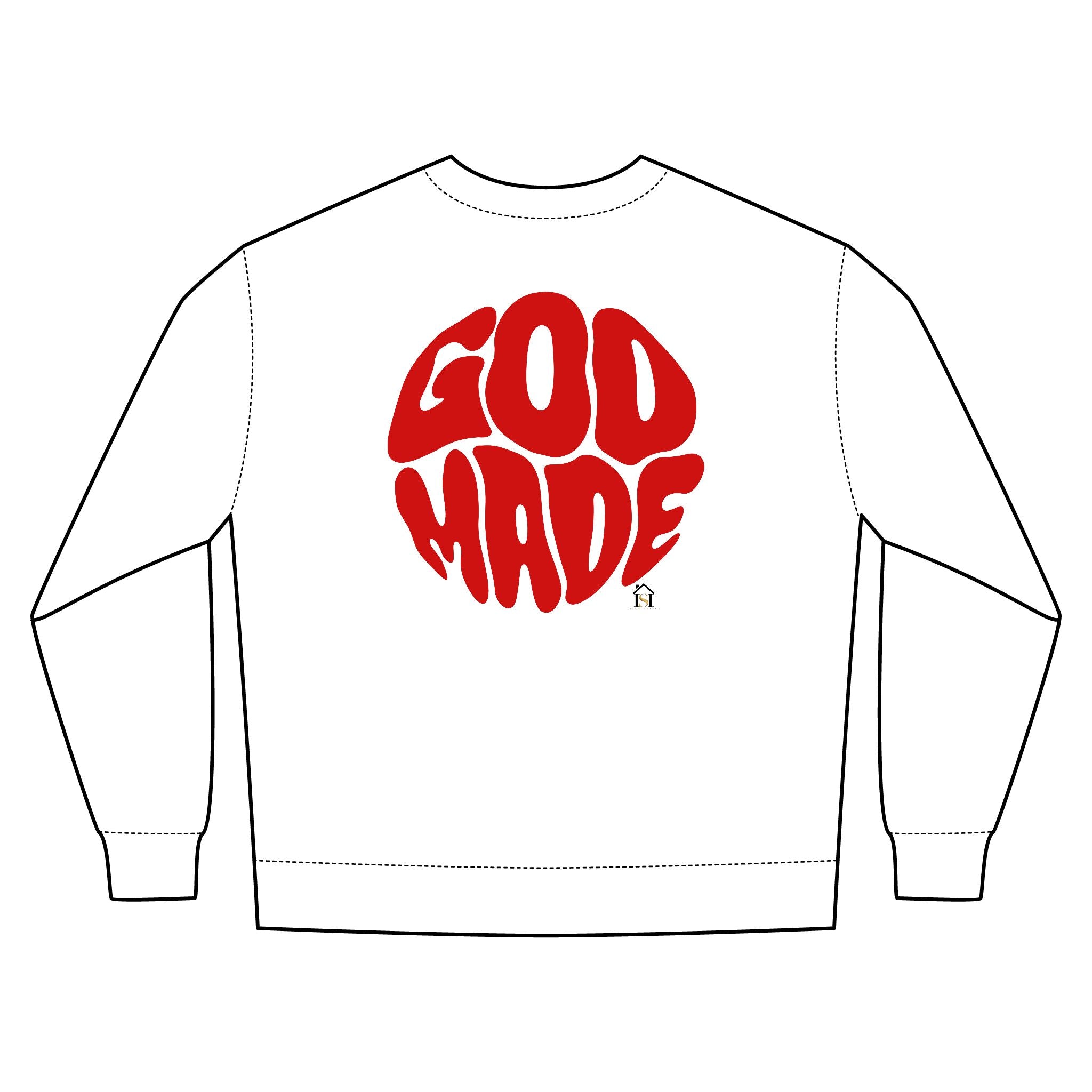 God Made Crewneck Sweatshirt — Retro Red Logo Christian Streetwear