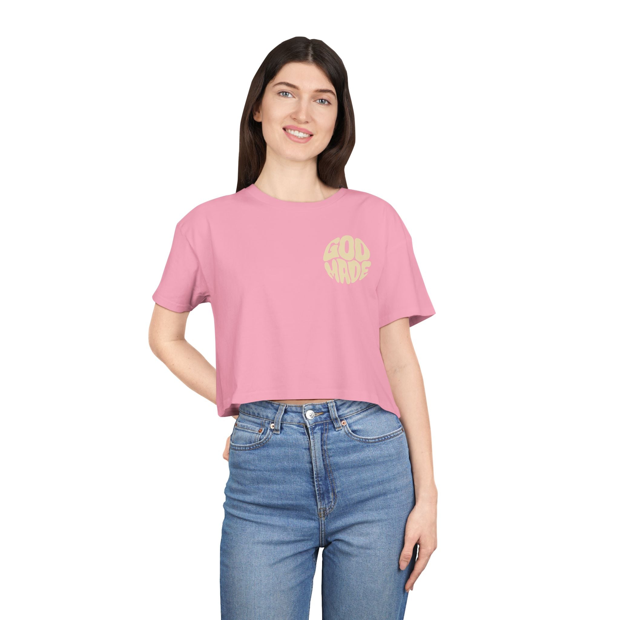 Women's Crop Tee with Bold 'GOD MADE' Design, Stylish Summer Top, Gift for Fashion Lovers, Casual Daily Wear, Unique Trendy Apparel