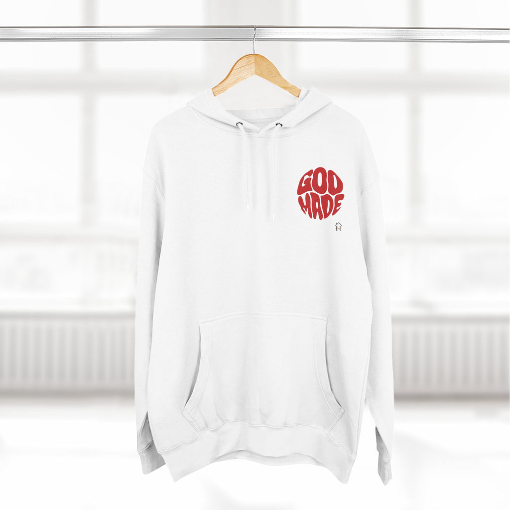 God Made Hoodie — Red Retro Bubble Logo Fleece Pullover