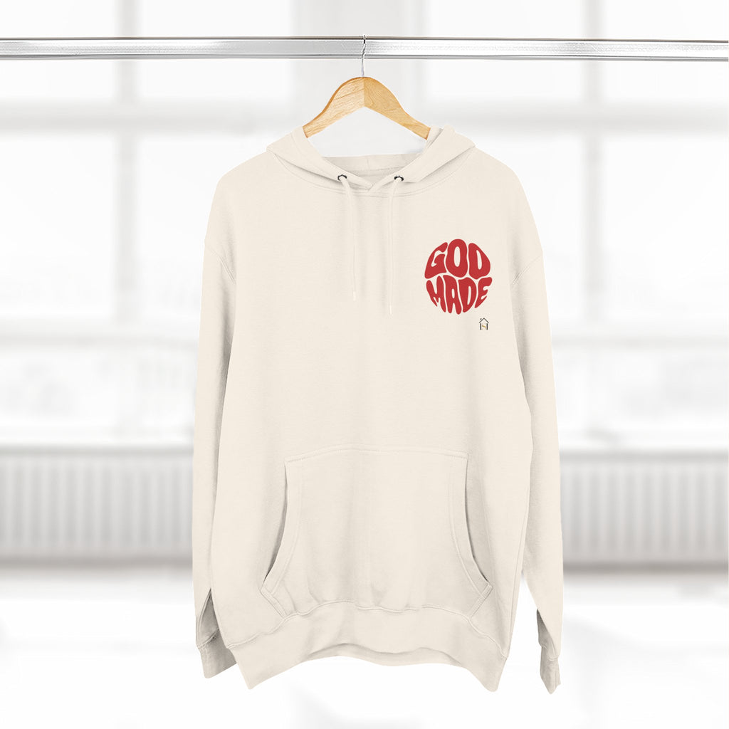 God Made Hoodie — Red Retro Bubble Logo Fleece Pullover