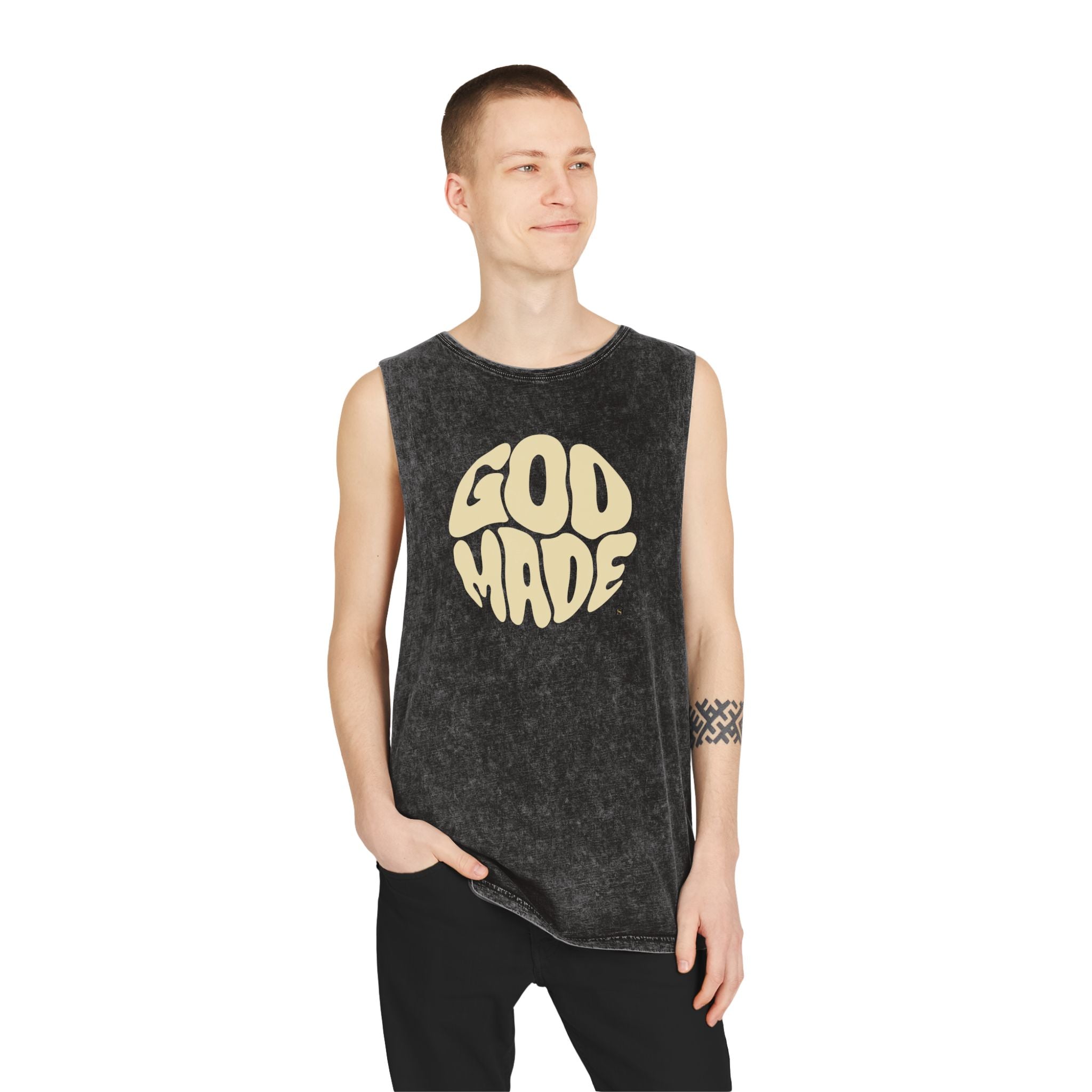Unisex Stonewash Tank Top, Retro Graphic Tee, God Made Design, Casual Summer Wear, Gift for Friends, Spiritual Apparel
