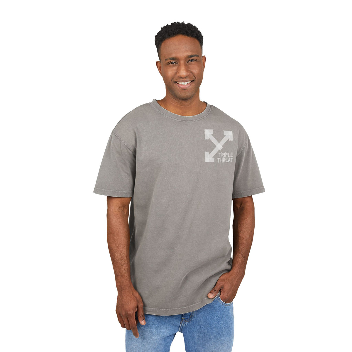 Men's Acid Washed Oversized Tee with Triple Threat Design | Vintage Style Graphic T-Shirt, Streetwear, Casual Wear, Gift for Him