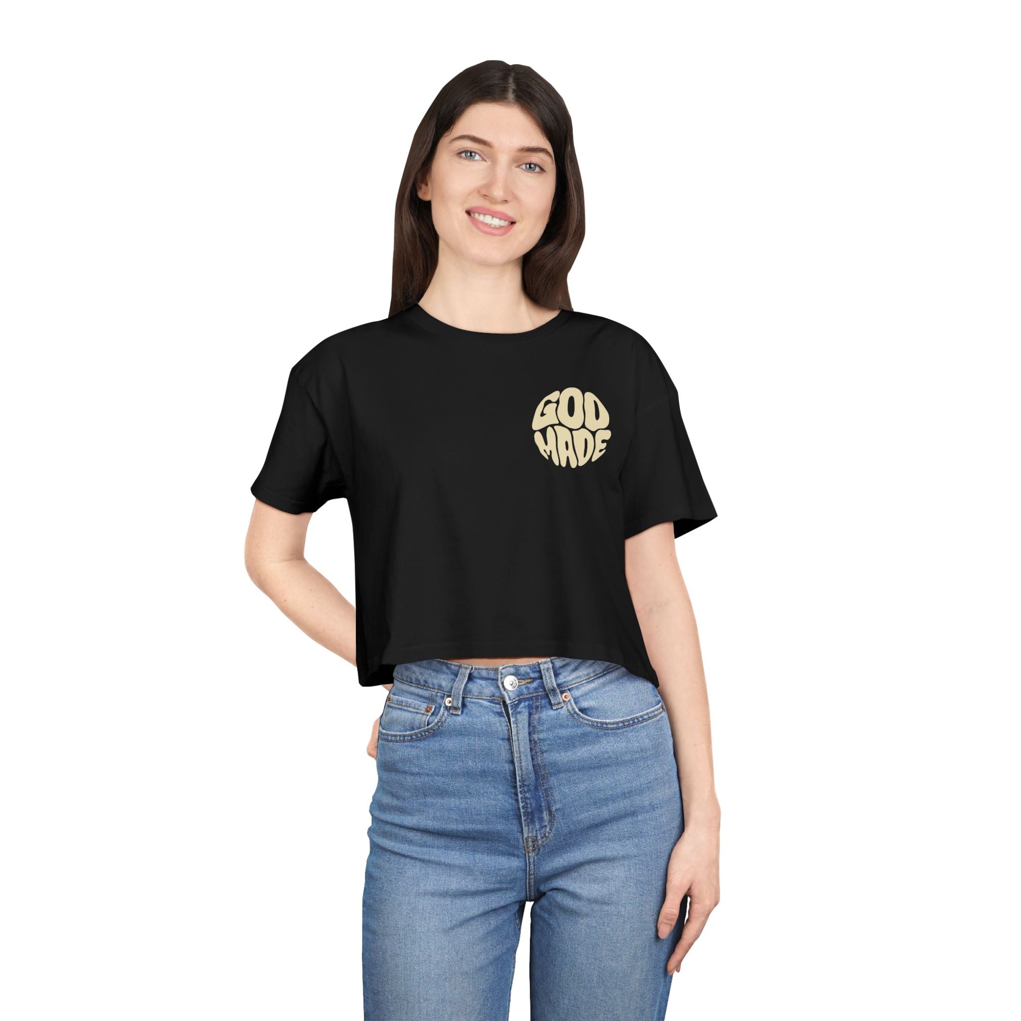 Women's Crop Tee with Bold 'GOD MADE' Design, Stylish Summer Top, Gift for Fashion Lovers, Casual Daily Wear, Unique Trendy Apparel