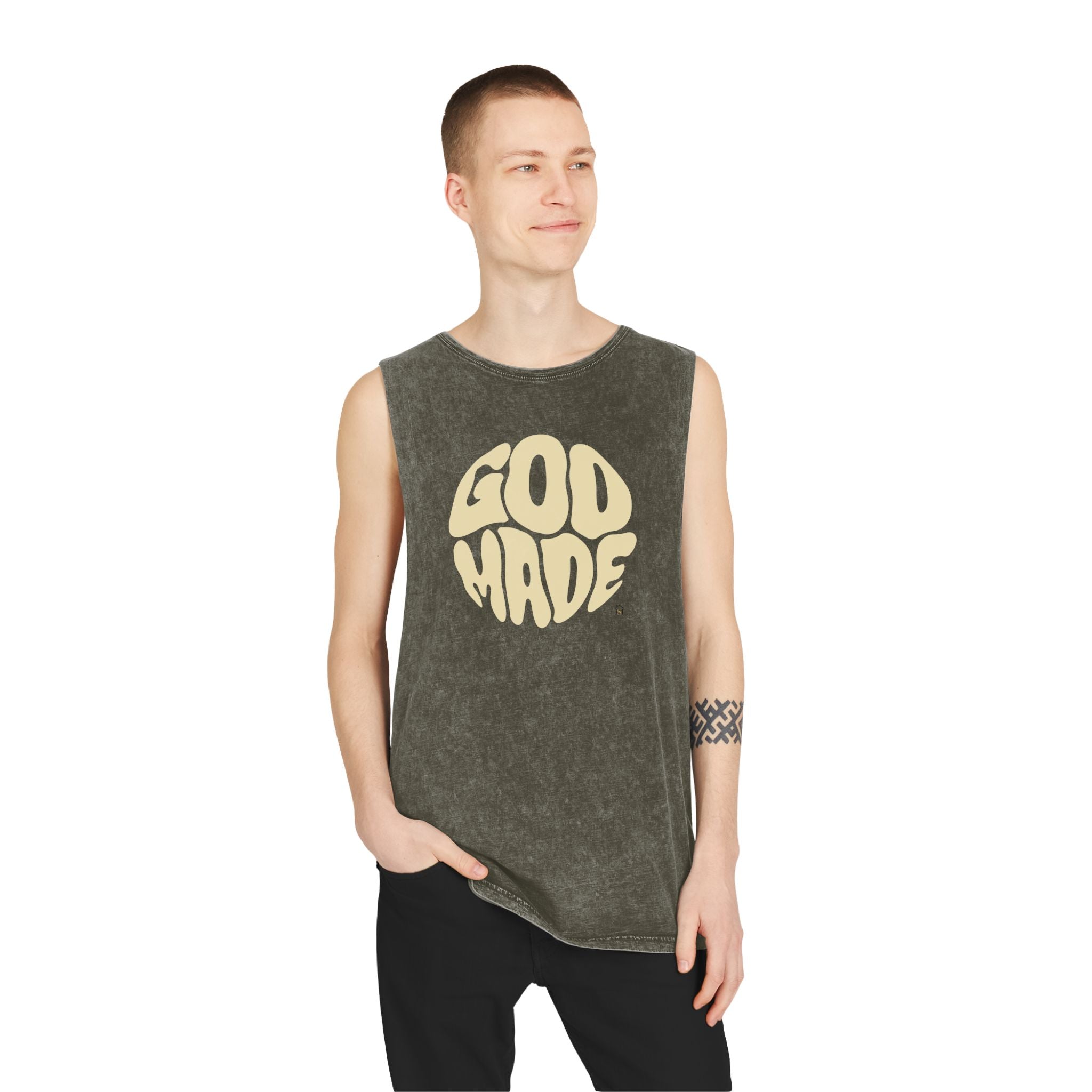 Unisex Stonewash Tank Top, Retro Graphic Tee, God Made Design, Casual Summer Wear, Gift for Friends, Spiritual Apparel