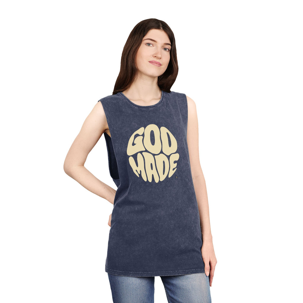 Unisex Stonewash Tank Top, Retro Graphic Tee, God Made Design, Casual Summer Wear, Gift for Friends, Spiritual Apparel
