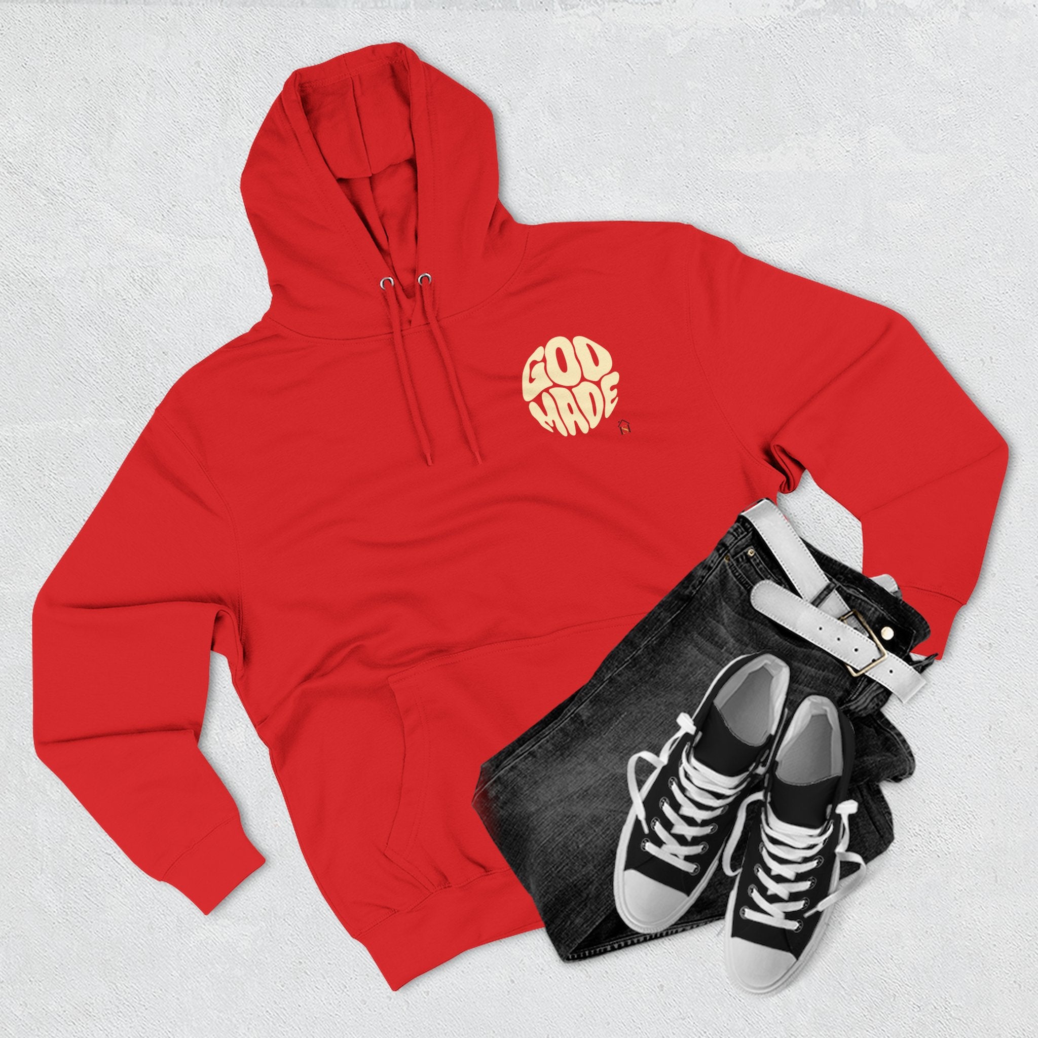 God Made Hoodie — Red Retro Bubble Logo Fleece Pullover