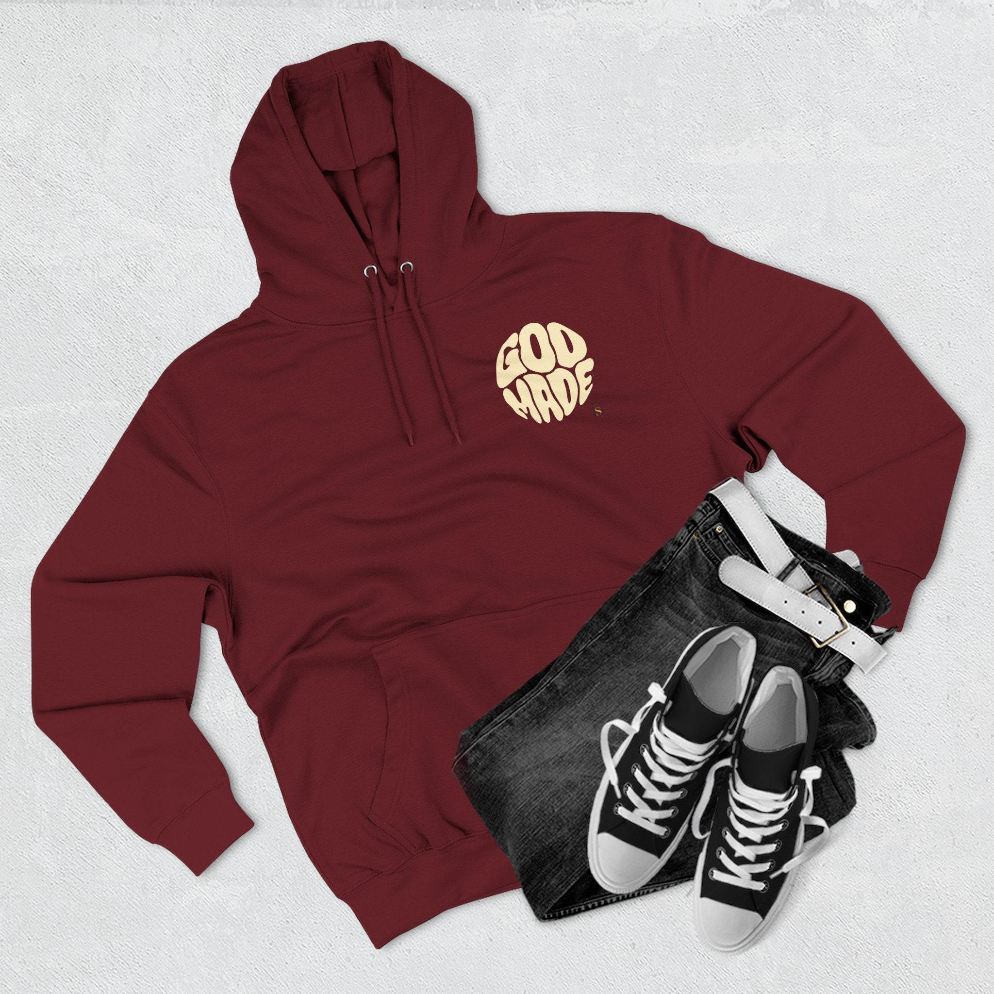 God Made Hoodie — Red Retro Bubble Logo Fleece Pullover