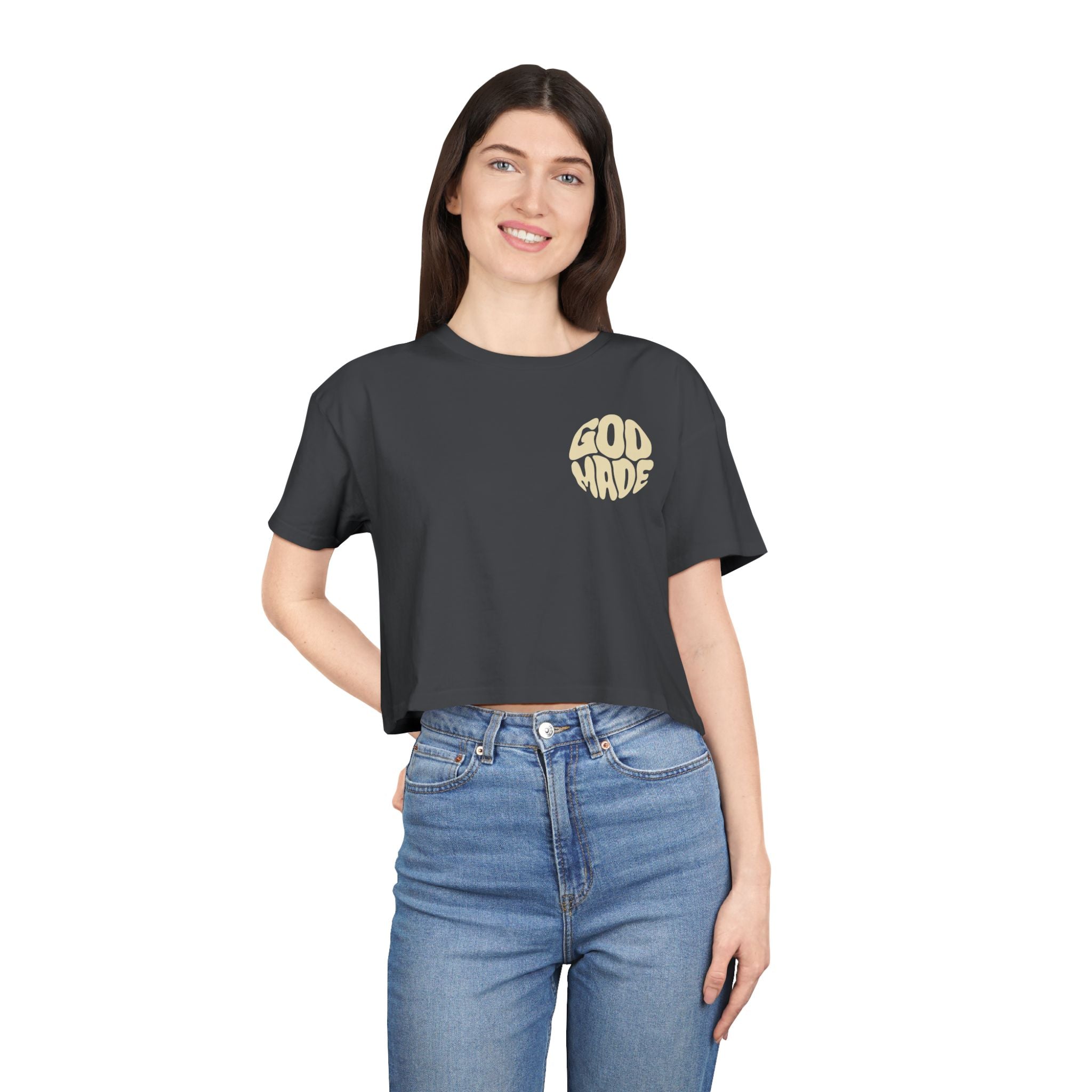 Women's Crop Tee with Bold 'GOD MADE' Design, Stylish Summer Top, Gift for Fashion Lovers, Casual Daily Wear, Unique Trendy Apparel