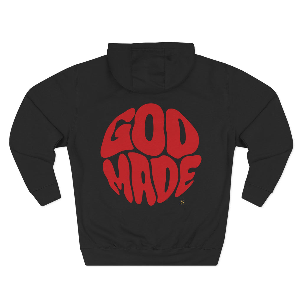 God Made Hoodie — Red Retro Bubble Logo Fleece Pullover