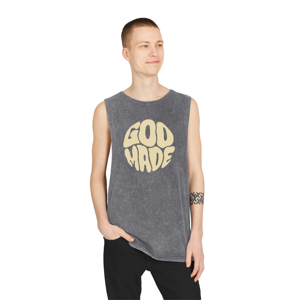 Unisex Stonewash Tank Top, Retro Graphic Tee, God Made Design, Casual Summer Wear, Gift for Friends, Spiritual Apparel