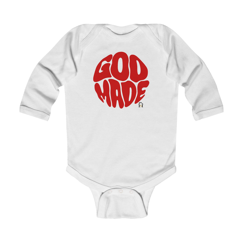 Infant Bodysuit - "God Made" Red Graphic Baby Onesie (Long Sleeve)