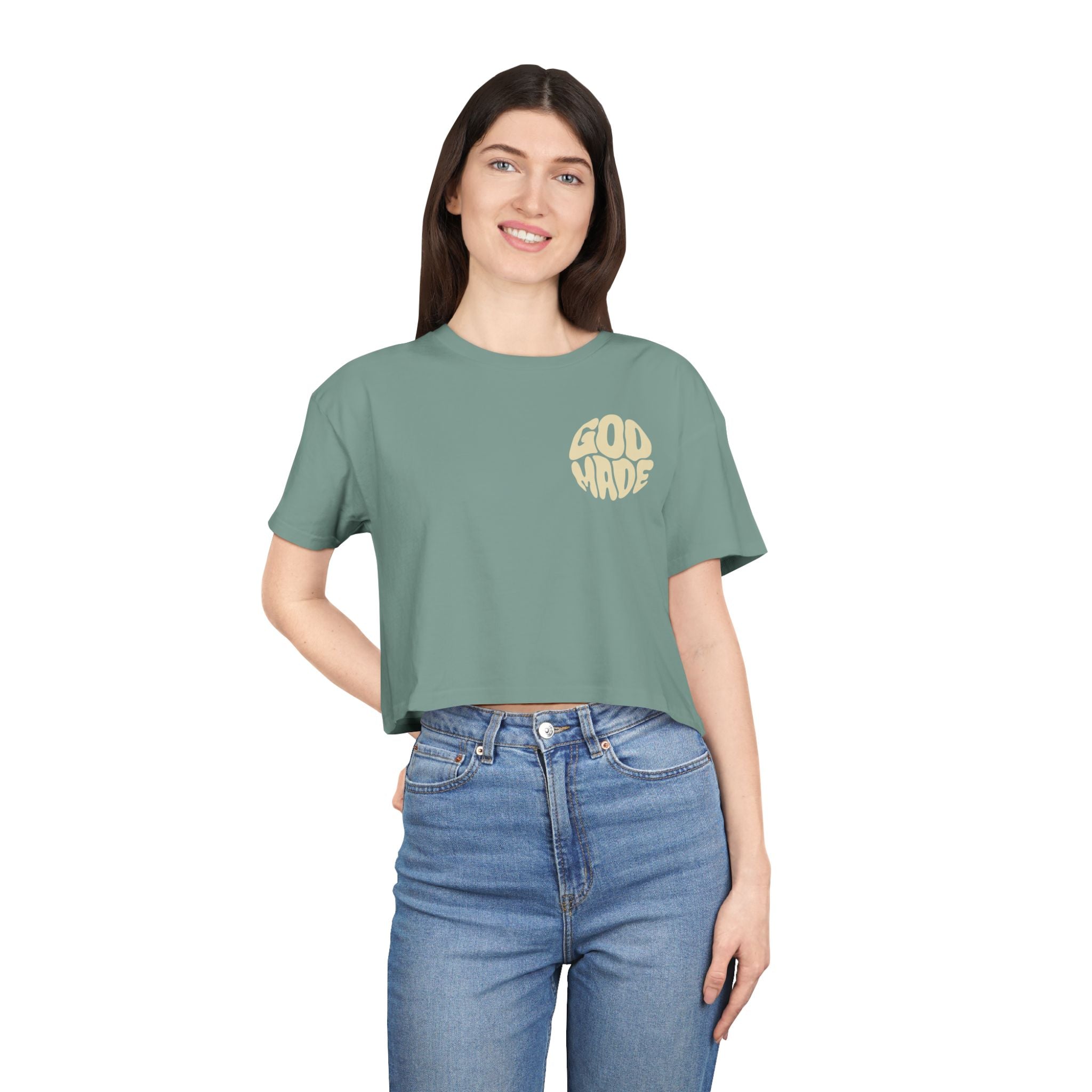 Women's Crop Tee with Bold 'GOD MADE' Design, Stylish Summer Top, Gift for Fashion Lovers, Casual Daily Wear, Unique Trendy Apparel
