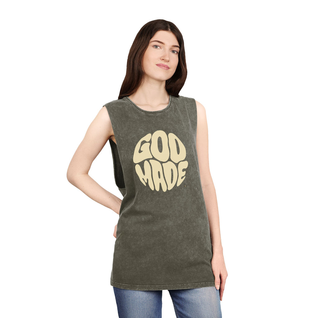 Unisex Stonewash Tank Top, Retro Graphic Tee, God Made Design, Casual Summer Wear, Gift for Friends, Spiritual Apparel