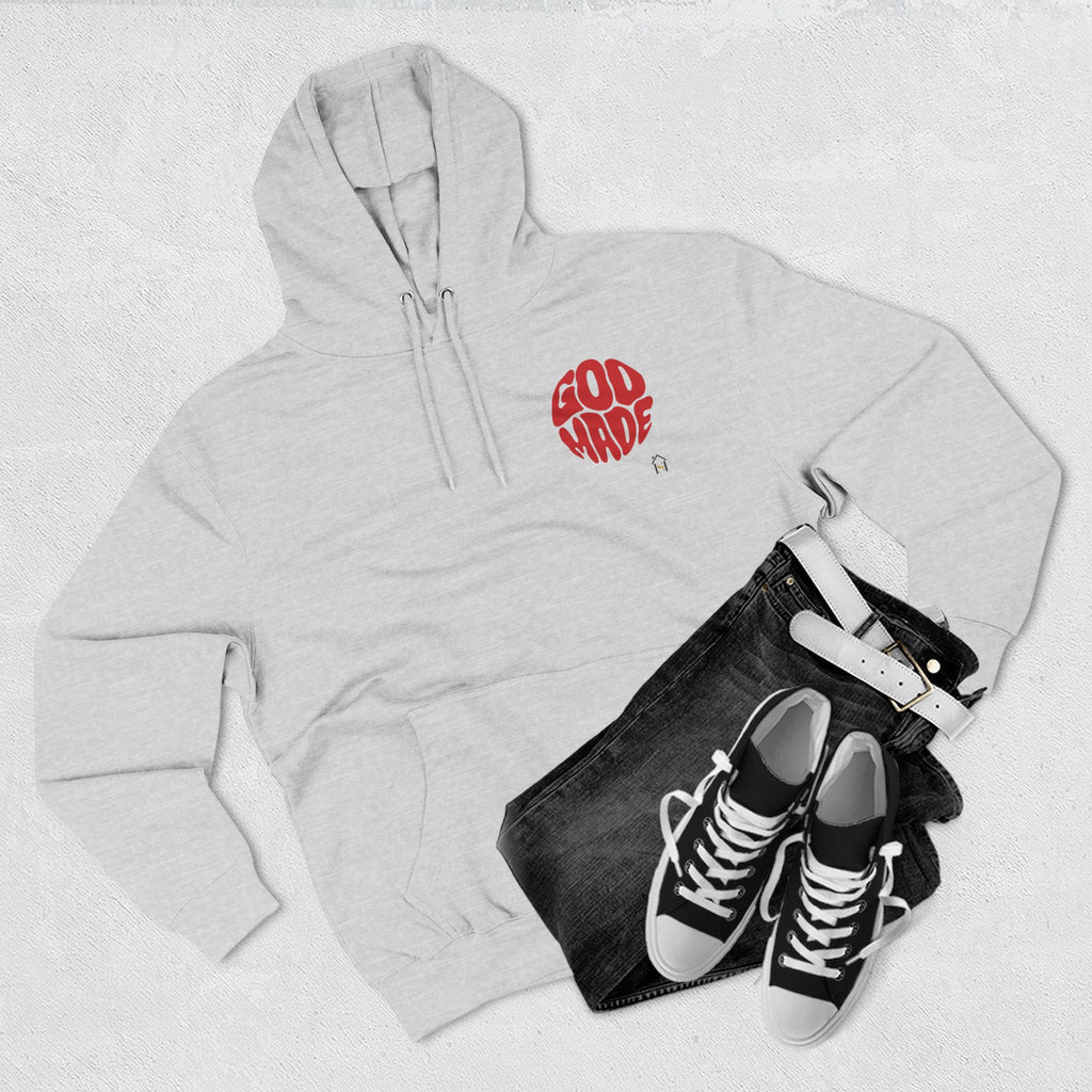 God Made Hoodie — Red Retro Bubble Logo Fleece Pullover