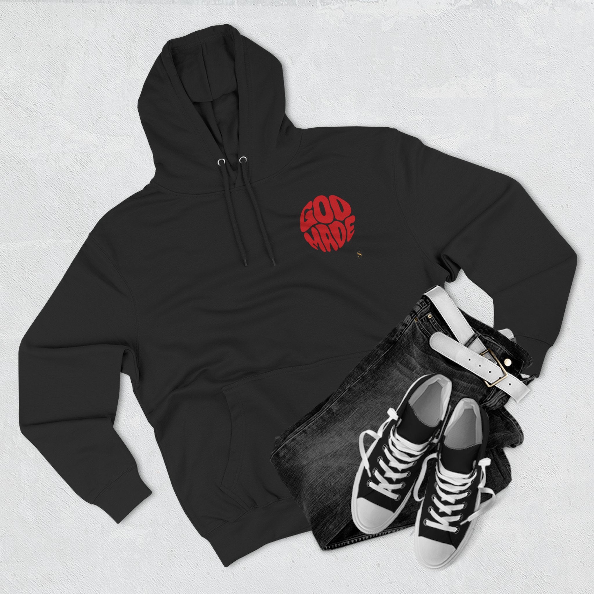 God Made Hoodie — Red Retro Bubble Logo Fleece Pullover