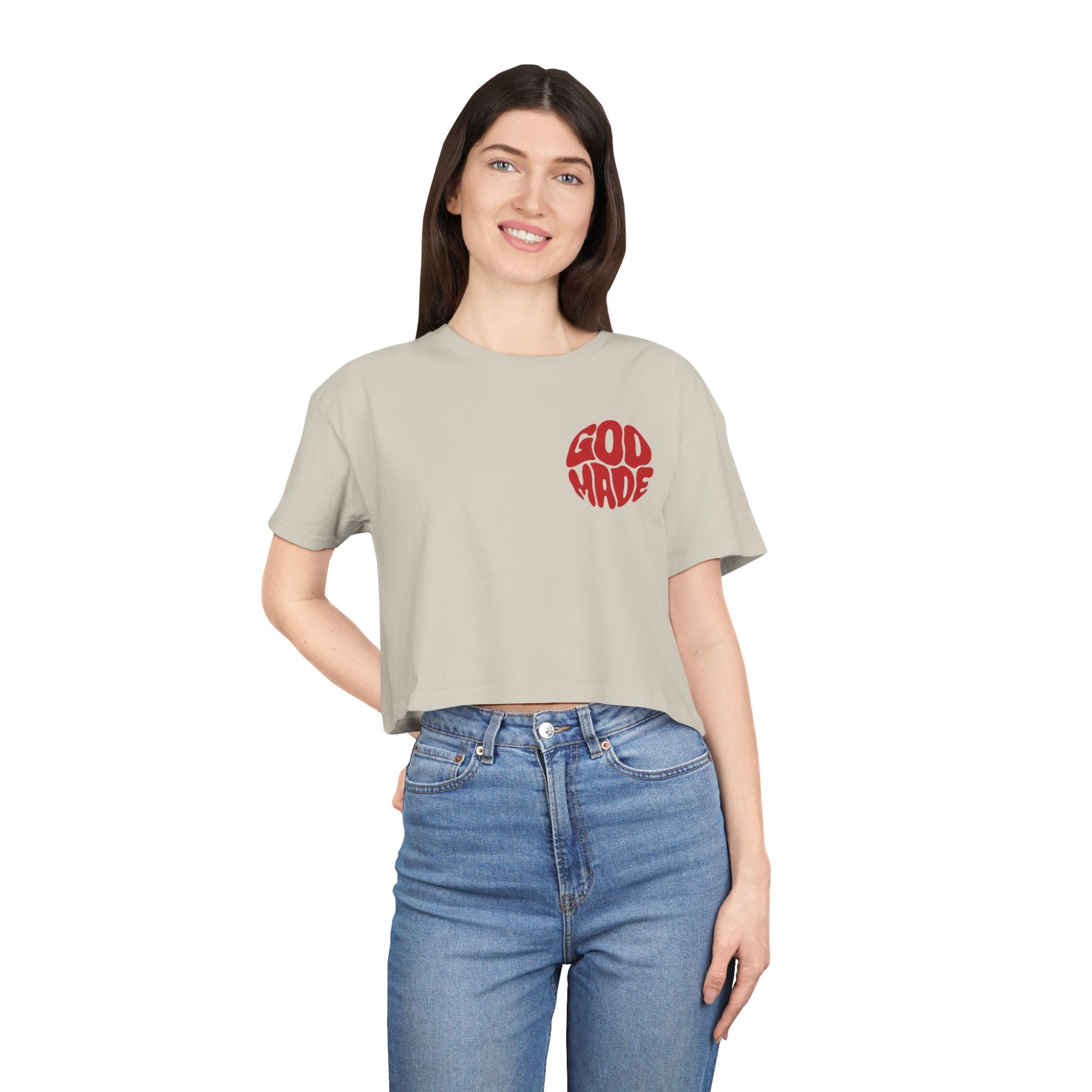 Women's Crop Tee with Bold 'GOD MADE' Design, Stylish Summer Top, Gift for Fashion Lovers, Casual Daily Wear, Unique Trendy Apparel