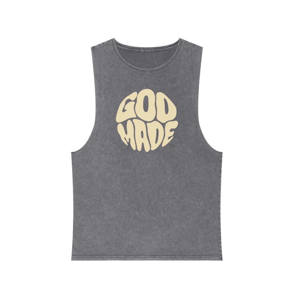 Unisex Stonewash Tank Top, Retro Graphic Tee, God Made Design, Casual Summer Wear, Gift for Friends, Spiritual Apparel