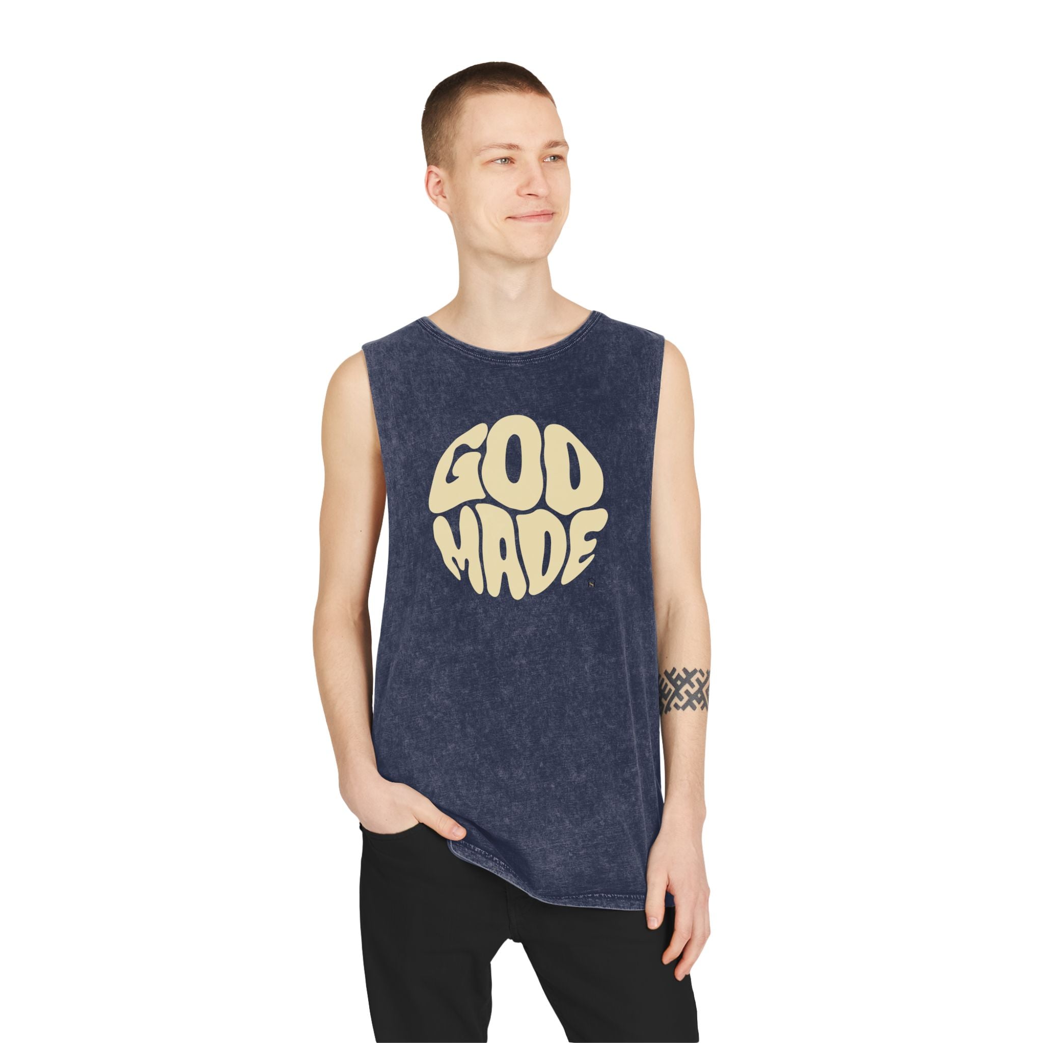 Unisex Stonewash Tank Top, Retro Graphic Tee, God Made Design, Casual Summer Wear, Gift for Friends, Spiritual Apparel