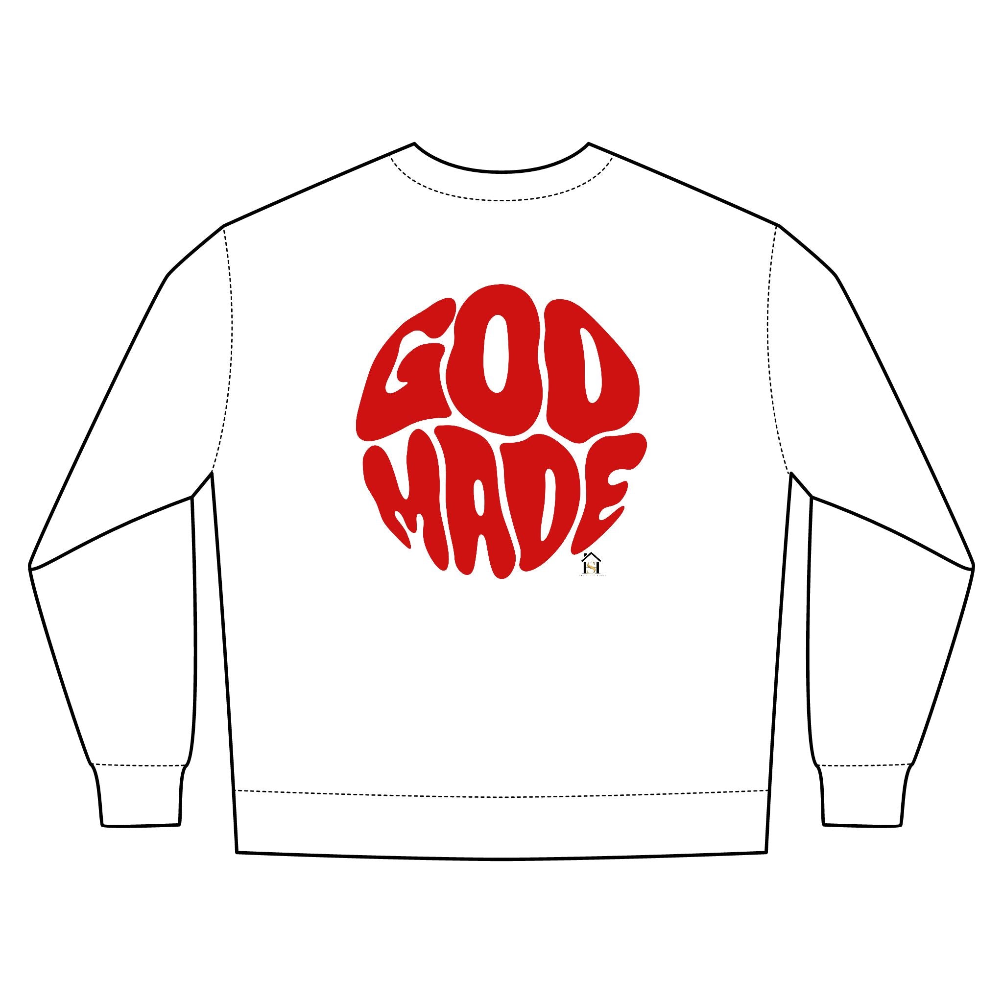 God Made Crewneck Sweatshirt — Retro Red Logo Christian Streetwear