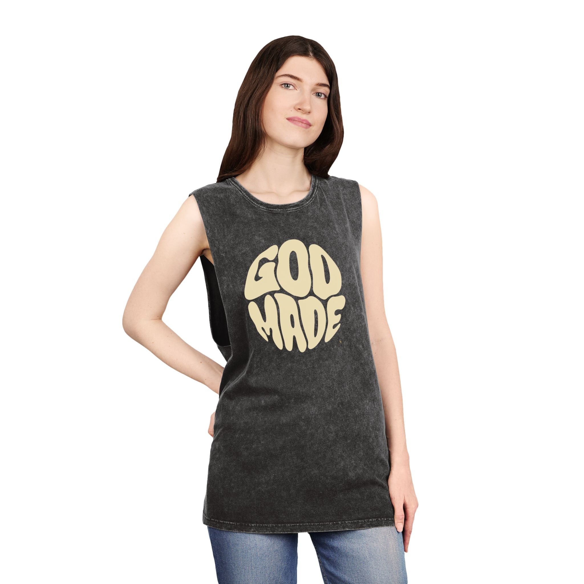 Unisex Stonewash Tank Top, Retro Graphic Tee, God Made Design, Casual Summer Wear, Gift for Friends, Spiritual Apparel