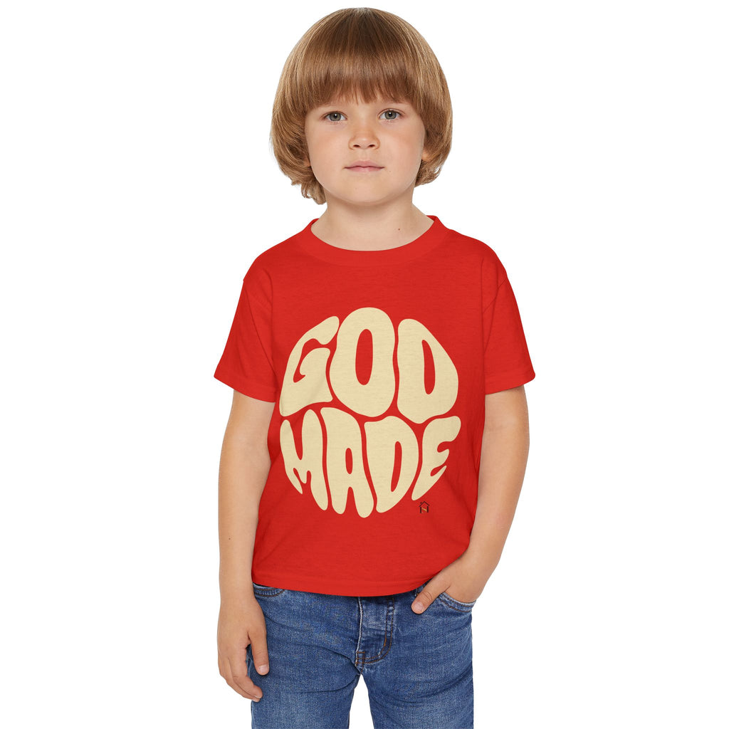 Toddler T-Shirt — "God Made" Red Retro Script Kids Tee