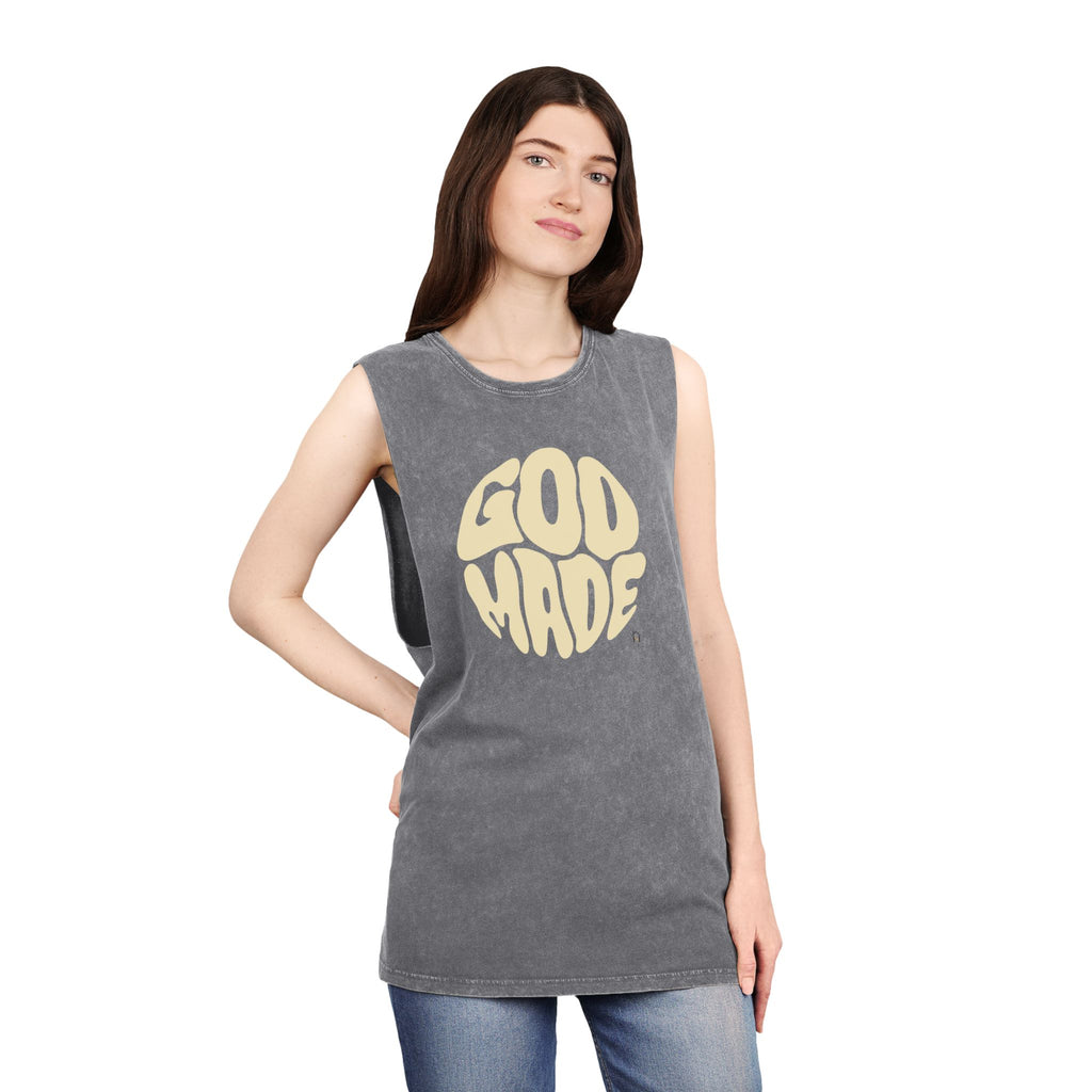 Unisex Stonewash Tank Top, Retro Graphic Tee, God Made Design, Casual Summer Wear, Gift for Friends, Spiritual Apparel