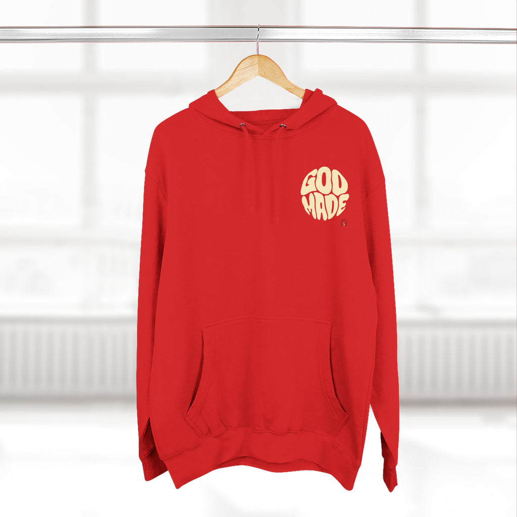 God Made Hoodie — Red Retro Bubble Logo Fleece Pullover