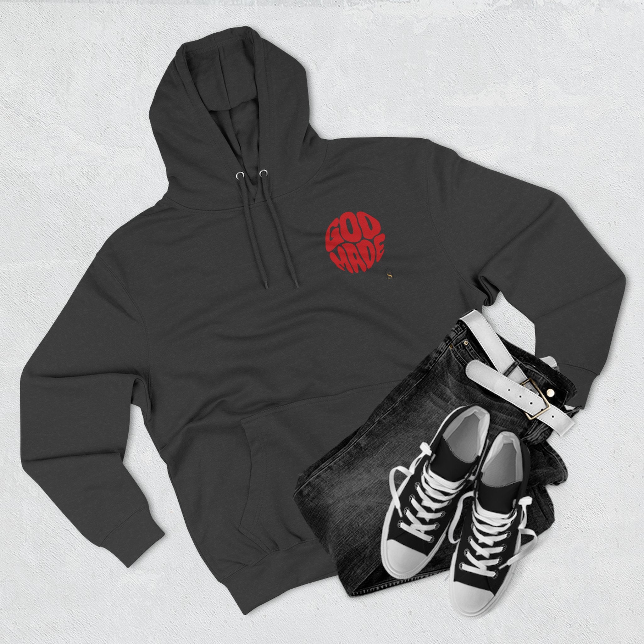 God Made Hoodie — Red Retro Bubble Logo Fleece Pullover