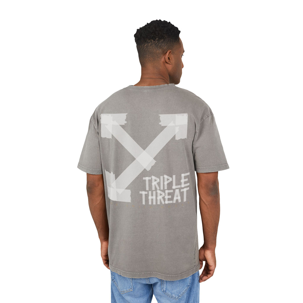 Men's Acid Washed Oversized Tee with Triple Threat Design | Vintage Style Graphic T-Shirt, Streetwear, Casual Wear, Gift for Him