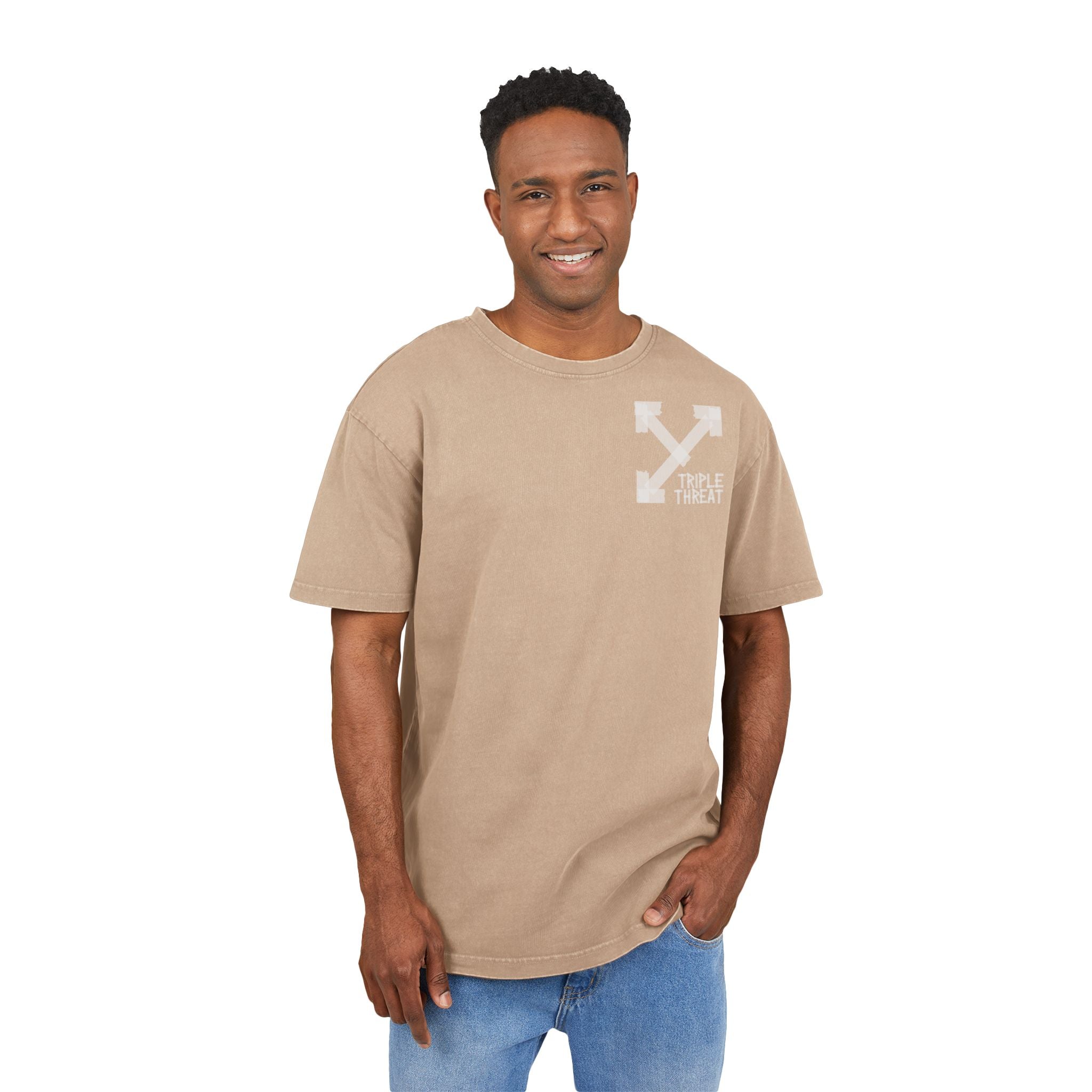 Men's Acid Washed Oversized Tee with Triple Threat Design | Vintage Style Graphic T-Shirt, Streetwear, Casual Wear, Gift for Him