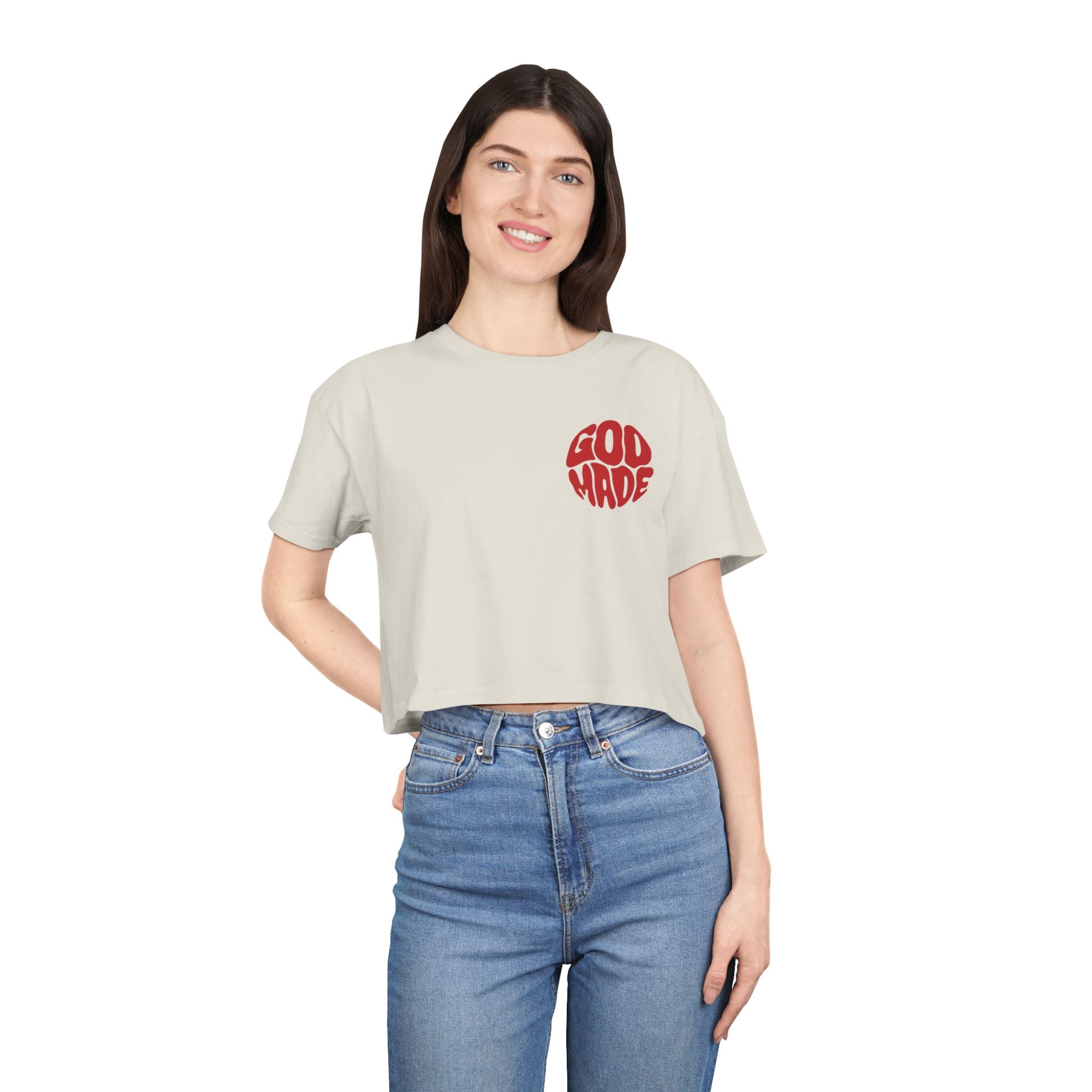 Women's Crop Tee with Bold 'GOD MADE' Design, Stylish Summer Top, Gift for Fashion Lovers, Casual Daily Wear, Unique Trendy Apparel