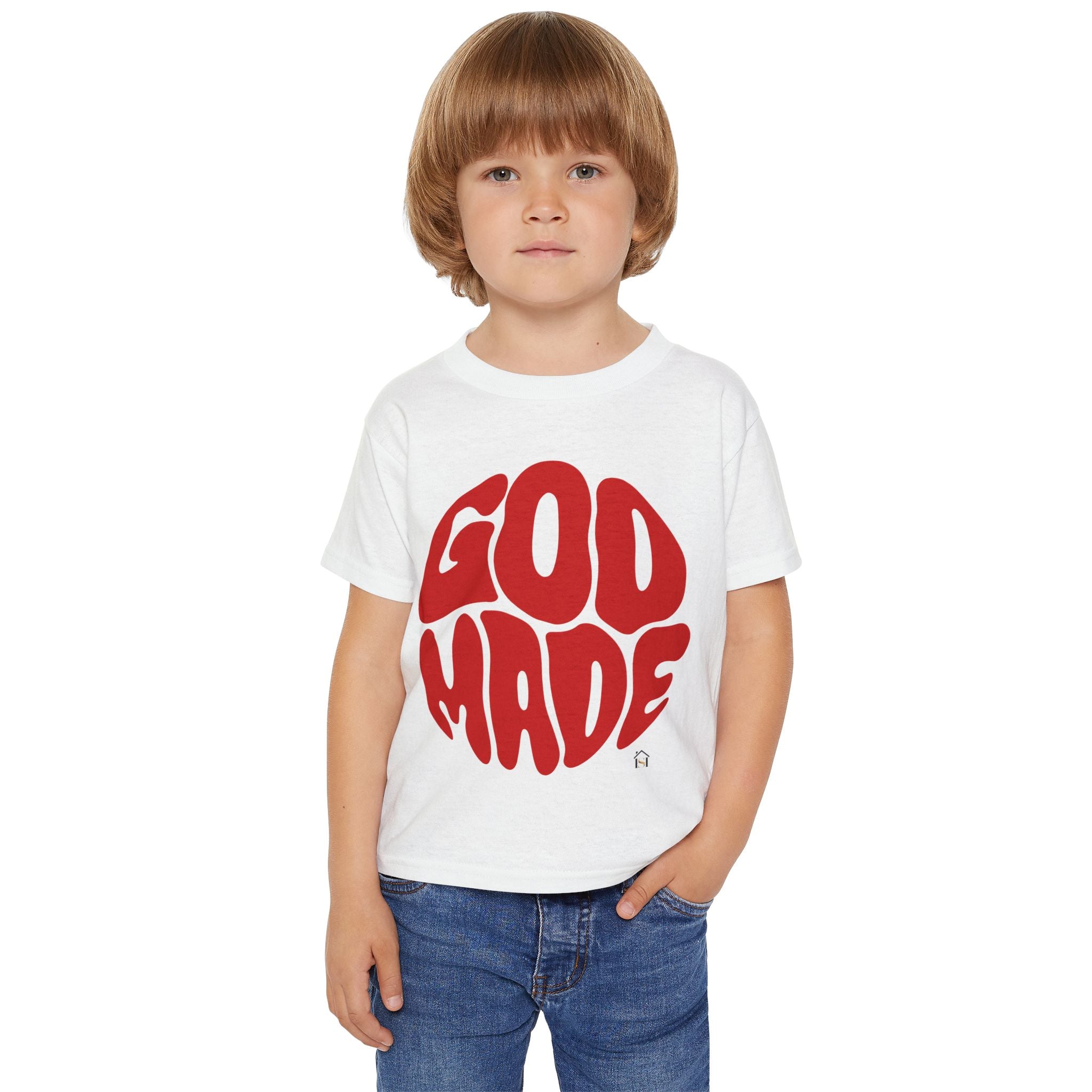 Toddler T-Shirt — "God Made" Red Retro Script Kids Tee